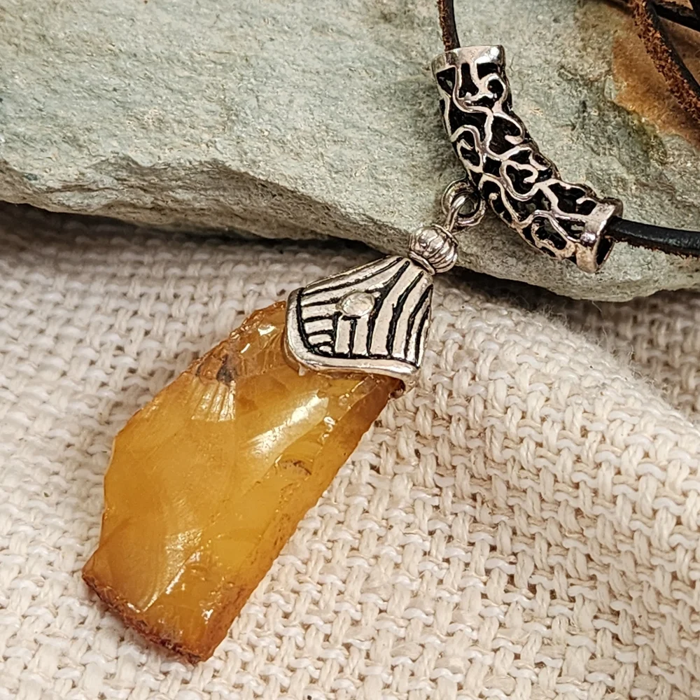 Amber Jewelry Natural Amber Nugget Rhodium Silver Pendant Genuine Leather